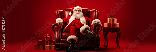 Santa Claus Sitting Cross-legged In an Armchair With Wrapped Gifts and Presents
