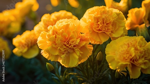 Marigold flowers in the garden. Selective focus and shallow depth of field. Tagetes erecta, Marigold. Springtime concept with a space for a text. Valentine day concept. © John Martin