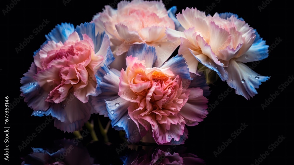 Beautiful pink and blue carnation flowers on a black background. Marigold. Springtime concept with a space for a text. Valentine day concept with a copy space.