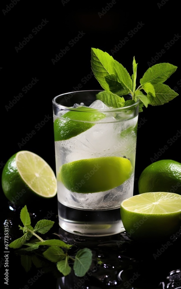 A cocktail with lime juice, mint A cocktail with lime juice, mint