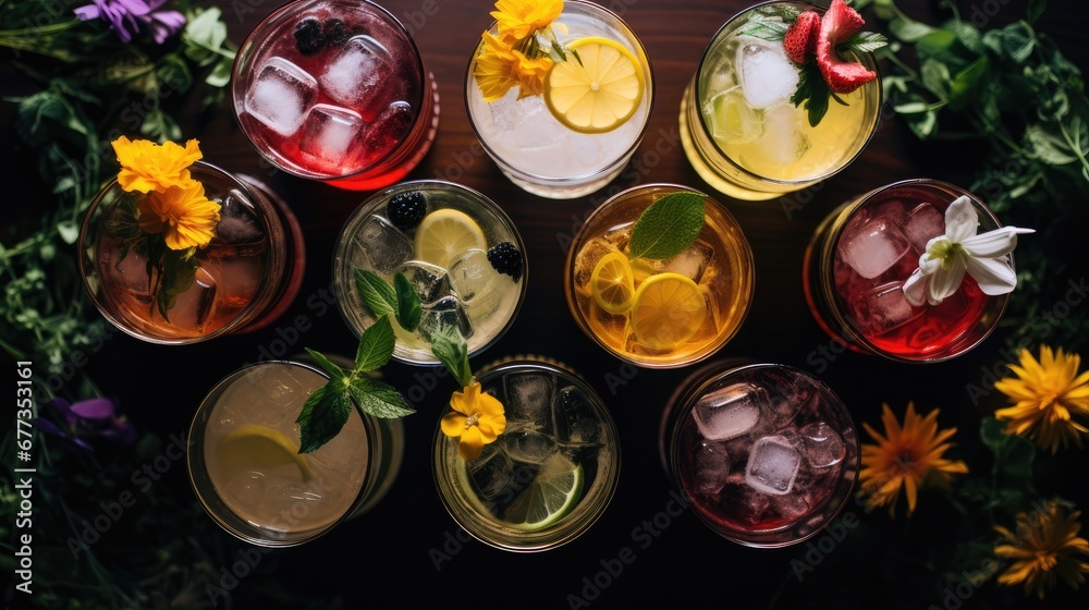  a table topped with glasses filled with different types of drinks and garnished with lemons, strawberries, and flowers.