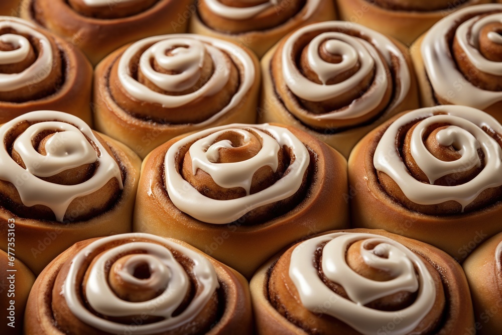 Cinnamon rolls with creamy icing, spiral details Cinnamon rolls with creamy icing, spiral details