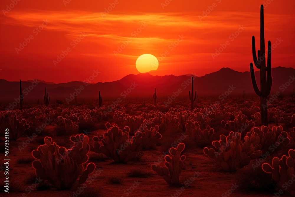 Cacti silhouettes against a scorching sunset - obrazy, fototapety, plakaty 