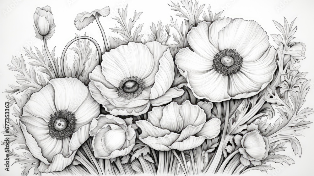  a black and white drawing of a bunch of flowers with long stems and flowers in the middle of the picture.