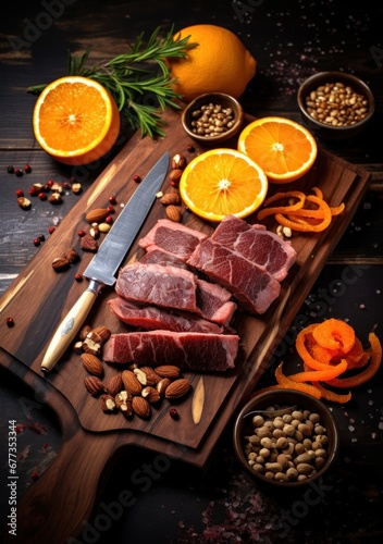 grilled ribeye steak cooked on a wooden board