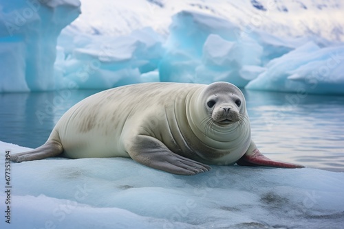 Crabeater seal resting on floating Antarctic ice photo