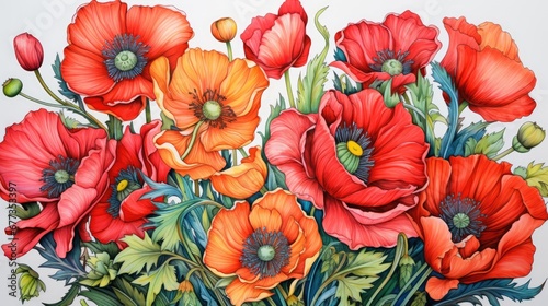  a painting of a bouquet of red and orange flowers with green leaves and buds on a white background with a white background.