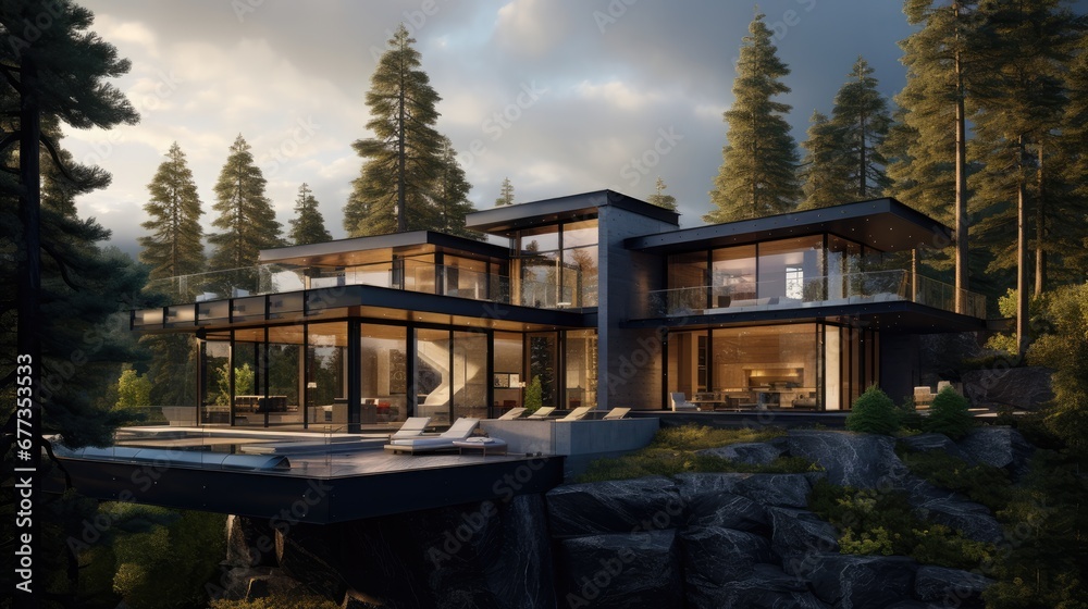  an artist's rendering of a modern house on a cliff overlooking a body of water with trees in the background.