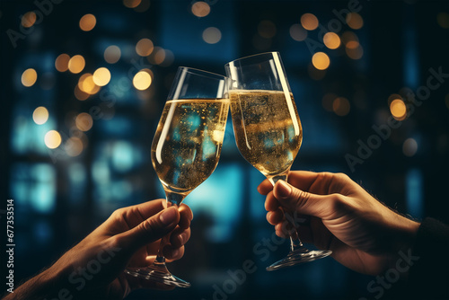 Two hands with glasses of champagne wine clink against blurred golden lights. 