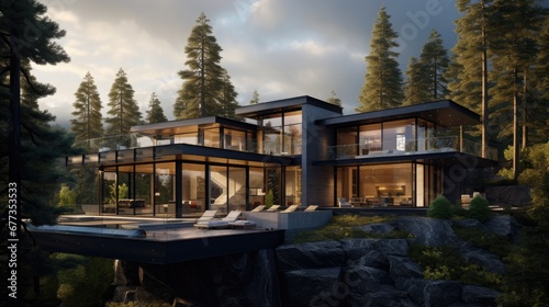  an artist s rendering of a modern house on a cliff overlooking a body of water with trees in the background.