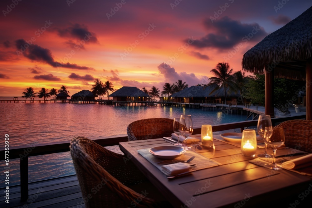 Luxury dinner on table waiting for guest at sunset in luxury vacation resort at beach. Summer tropical vacation concept.