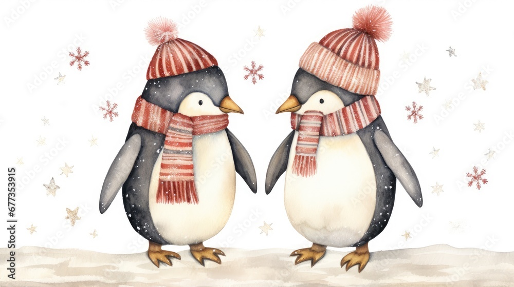 a couple of penguins standing next to each other on top of a snow covered ground next to snowflakes. a couple of penguins standing next to each other on top of a snow covered ground next to snowflakes.