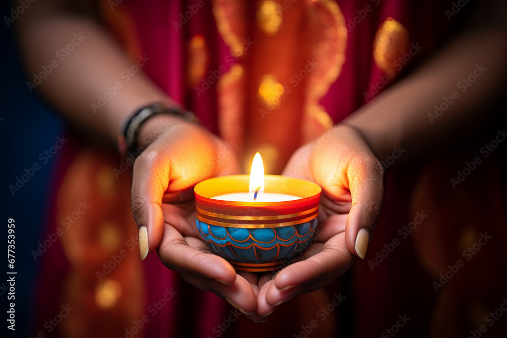 An Indian womans hands holding a diya diwali festival celebration candle An Indian womans hands holding a diya diwali festival celebration candle