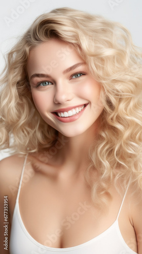 Blonde Smiling Woman with Clean Skin and Curly Hair. Natural Beauty and healphy glowing photo