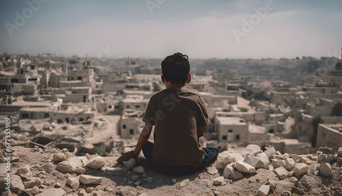 Rear view of a boy sitting in the middle of the ruins of an ancient city