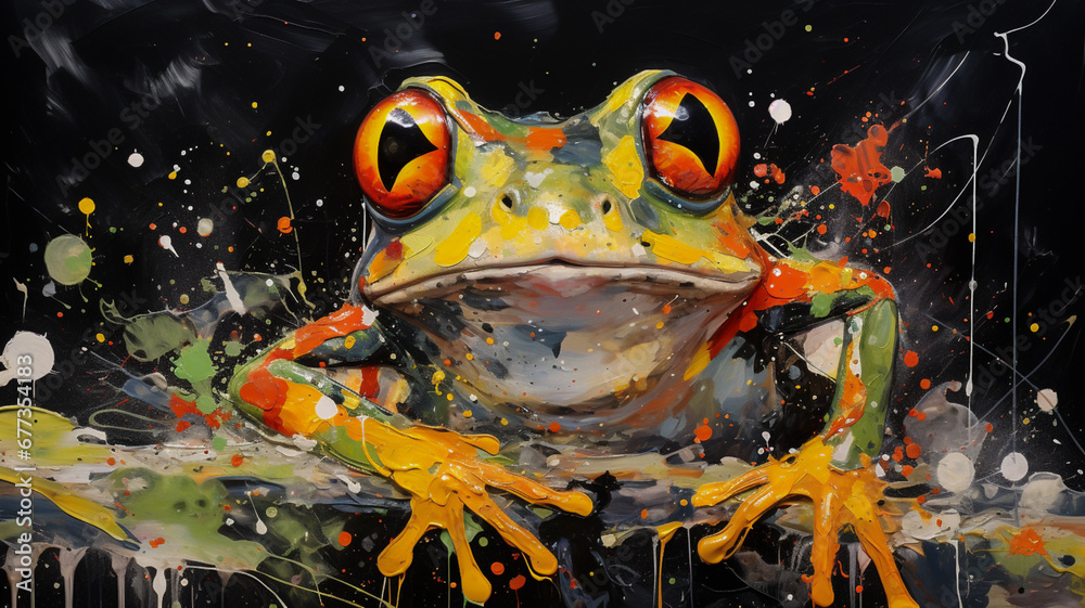 painted with paints colored frog on black background