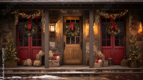  a front porch decorated for christmas with wreaths and wreaths on the door and wreaths on the steps.