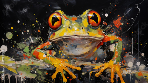 Obraz na płótnie painted with paints colored frog on black background w salonie