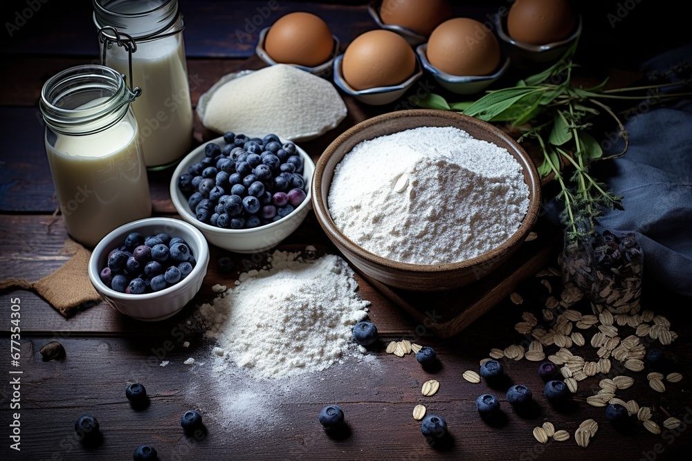 Deconstructed blueberry muffin with ingredients around Deconstructed blueberry muffin with ingredients around