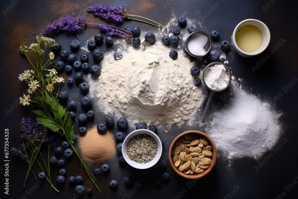 Deconstructed blueberry muffin with ingredients around Deconstructed blueberry muffin with ingredients around