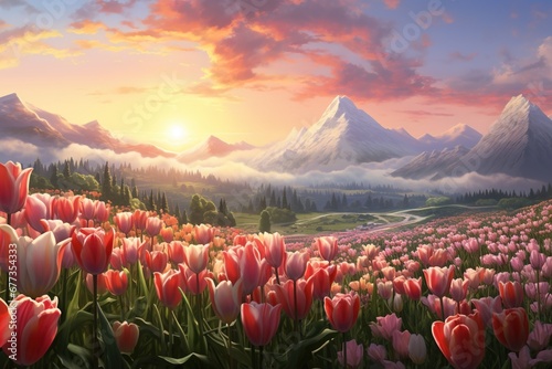 Dawn breaking over a tulip valley, each flower bud gently closed
