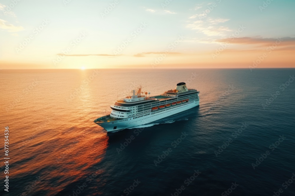 Aerial view of a cruise ship at sunset in sea. Summer tropical vacation concept. Aerial view of a cruise ship at sunset in sea. Summer tropical vacation concept.