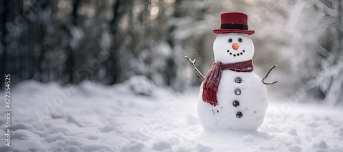 Snowman in Hat and Scarf in Winter Scene with Copy Space for Christmas and Greetings Card
