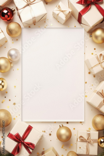 Merry Christmas and Happy Holidays greeting card. Festive decoration on white background.