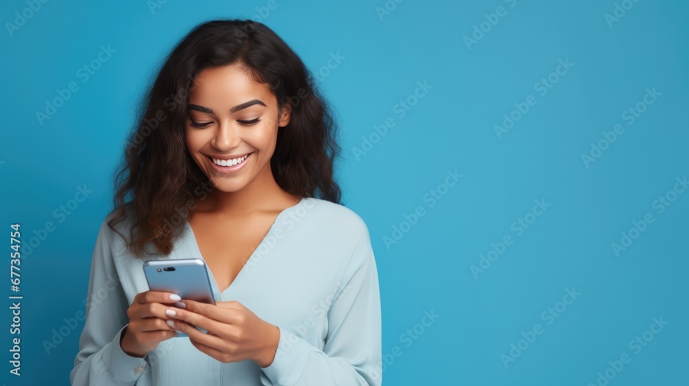 Radiant woman with dark skin in a blue shirt, beaming at her phone against a vivid blue backdrop, exuding joy Radiant woman with dark skin in a blue shirt, beaming at her phone against a vivid blue backdrop, exuding joy