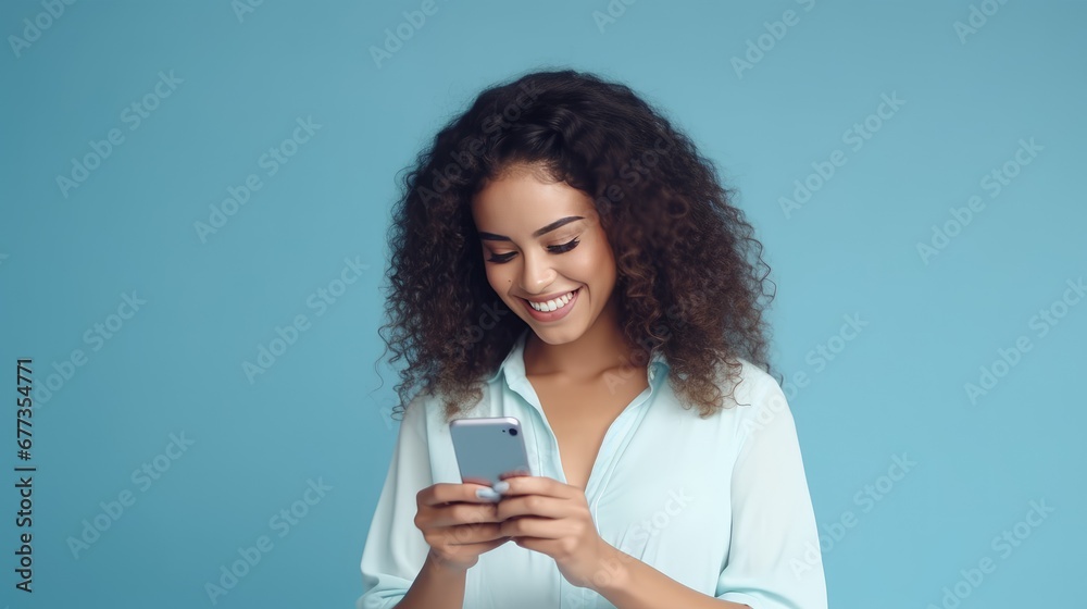 Radiant woman with dark skin in a blue shirt, beaming at her phone against a vivid blue backdrop, exuding joy Radiant woman with dark skin in a blue shirt, beaming at her phone against a vivid blue backdrop, exuding joy