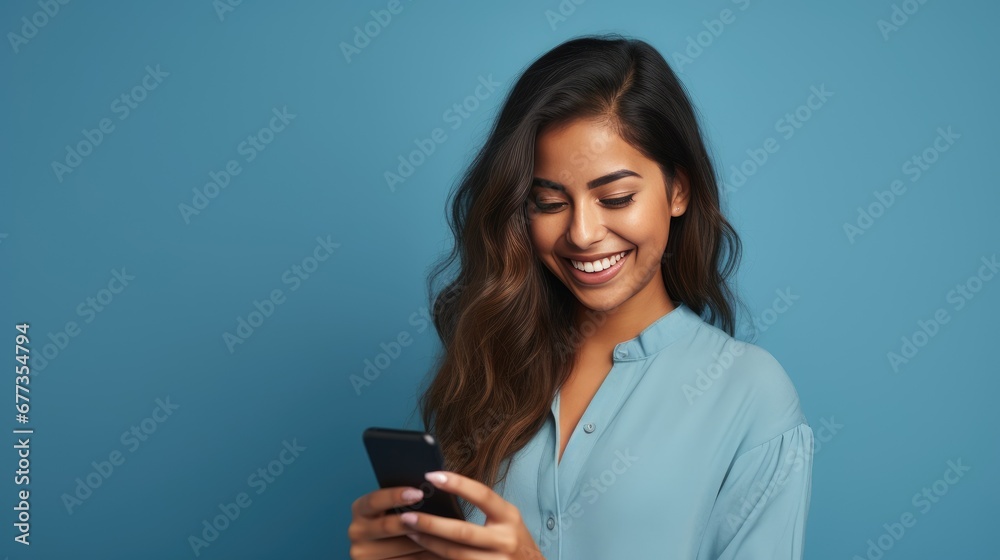 Radiant woman with dark skin in a blue shirt, beaming at her phone against a vivid blue backdrop, exuding joy Radiant woman with dark skin in a blue shirt, beaming at her phone against a vivid blue backdrop, exuding joy