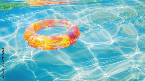 A swimming inflatable circle floats on the surface of clear water on a sunny day. The concept of outdoor recreation. Illustration for banner, poster, cover, brochure or presentation.