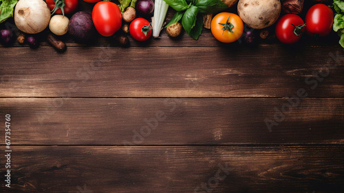 Variety of vegetables on a wooden background  top view  representing healthy eating