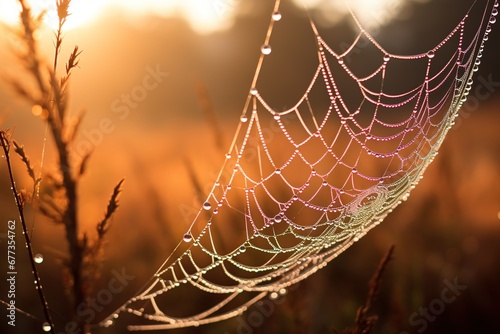 Dew drops on a spider web in the morning light