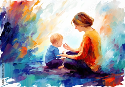 A loving mother holds a small child in her arms and enjoys a tender moment. Mom hugs the baby. Mother's Day holiday card in watercolor style. Motherhood. Illustration for cover, interior design, print