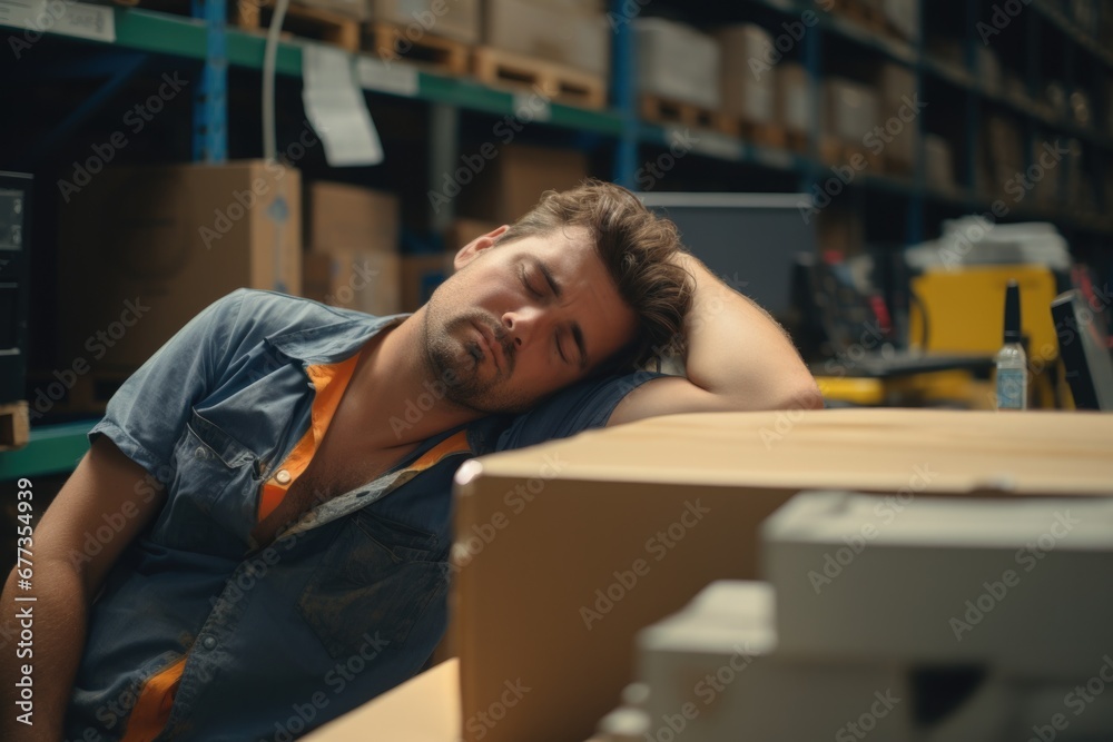 A tired man taking a break in a warehouse. Generative AI. A tired man taking a break in a warehouse. Generative AI.