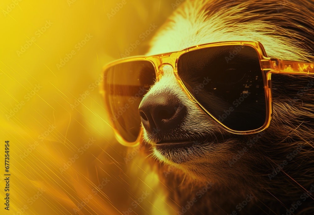 Fototapeta premium Sloth in glasses. Close-up portrait of a sloth. An anthopomorphic creature. A fictional character for advertising and marketing. Humorous character for graphic design.