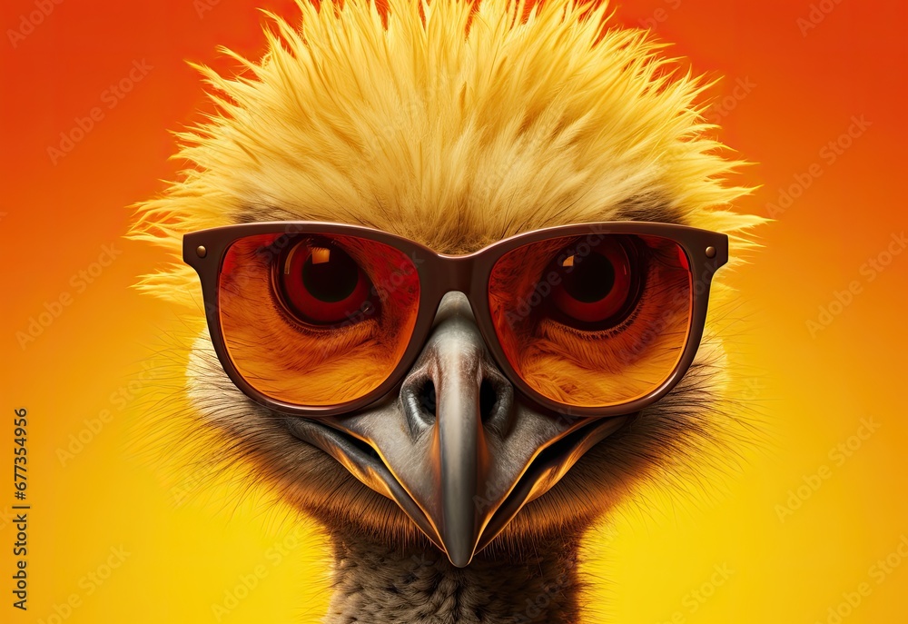 Fototapeta premium Crane with glasses. A close-up portrait of a crane. An anthopomorphic creature. A fictional character for advertising and marketing. Humorous character for graphic design.