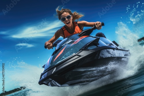 Close-up view of a girl riding on jet ski in sea with water splash in air. Dynamics. Beach sports. Summer tropical vacation concept.