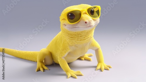 Funny lizard or gecko with sunglasses. Digital art. Figurine made of ceramics  plasticine  plastic or rubber. Illustration for cover  card  flyer  poster or print on t-shirt  bag  etc.