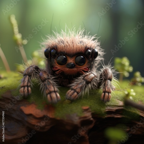 A cute spider with big eyes sitting on a log. Generative AI.