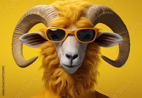 Wild ram in dark sunglasses close-up. Portrait of a wild ram. Anthopomorphic creature. Fictional character for advertising and marketing. Humorous character for graphic design.