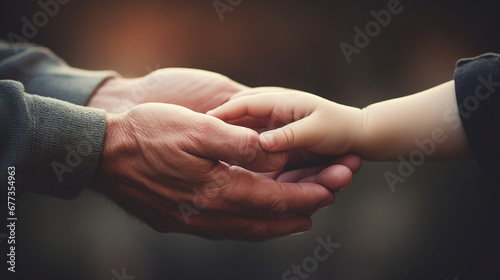 Two hands, adult and child, touching fingers in a warm light photo