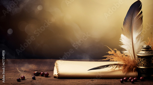 Vintage quill on parchment with inkwell and autumn berries photo