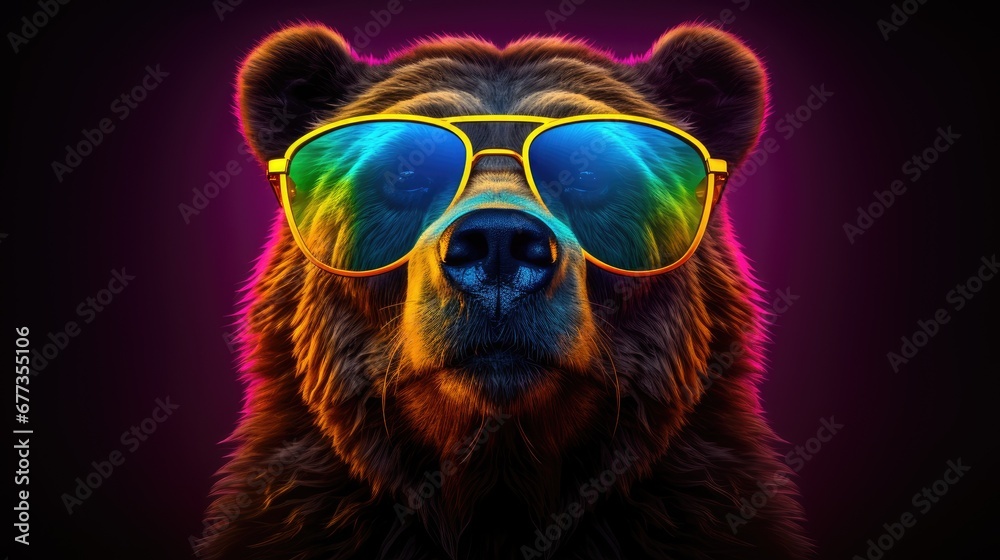Close-up portrait of a bear wearing glasses. Digital art of a multi-colored grizzly bear. Illustration for cover, card, postcard, interior design, decor or print. - obrazy, fototapety, plakaty 