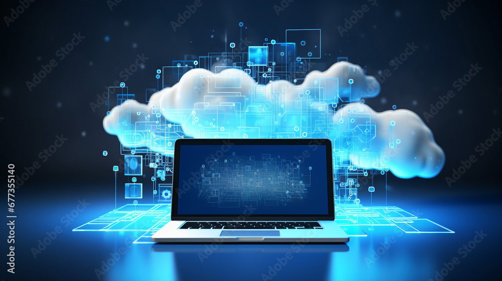 Digital representation of cloud computing with laptop and virtual interface - obrazy, fototapety, plakaty 