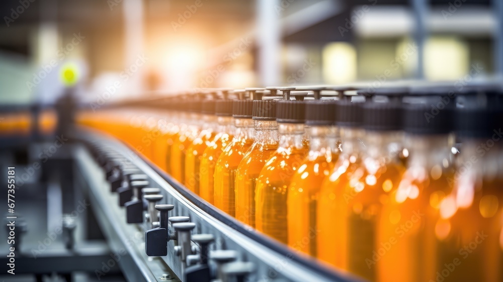 Automatic line for packing juices into glass or plastic containers.  Beverage production. Bottling plant. Bottles on a factory conveyor belt. Illustration for cover, banner, brochure or presentation.
