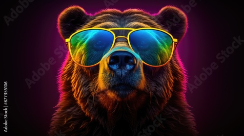 Close-up portrait of a bear wearing glasses. Digital art of a multi-colored grizzly bear. Illustration for cover, card, postcard, interior design, decor or print.