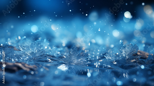 Sfondo, texture con ghiaccio e neve che si sciolgono con gocce d'acqua con sfondo blu photo