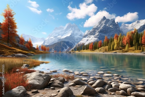 Beautiful landscape with snow mountain, Autumn forest and lake. Autumn seasonal concept.